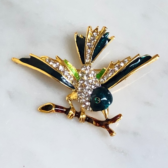 (NEW) Green Blue Brown Enamel Bird on Tree Branch Gold Brooch Pin Rhinestone - Picture 2 of 7